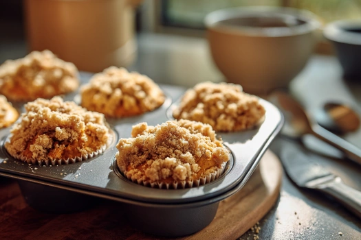 Pumpkin muffin batter in muffin pan topped with streusel crumb before baking