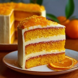 Slice of moist orange velvet cake with cream cheese frosting served on white plate with orange garnish