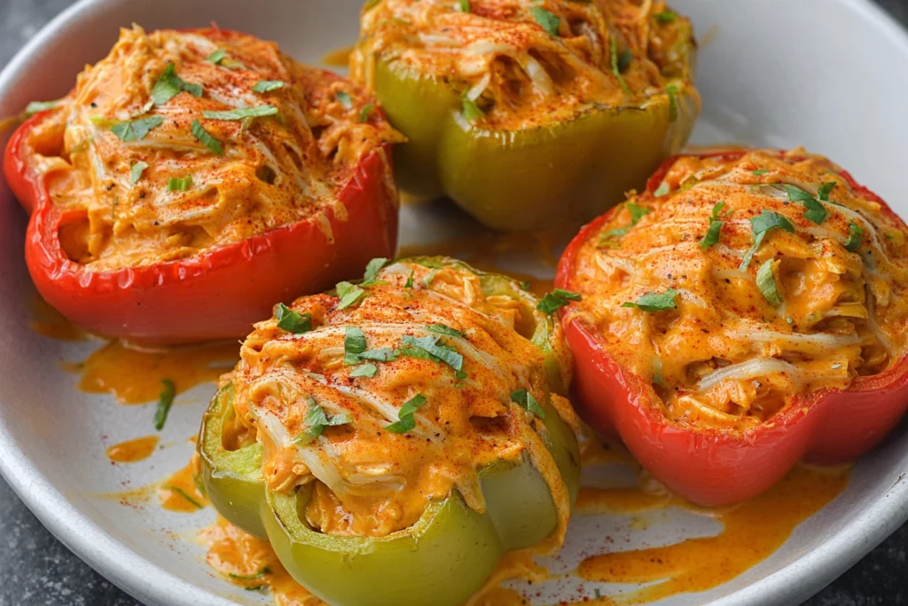 Buffalo chicken stuffed peppers baked in a white dish, topped with ranch and herbs, perfect for a weeknight dinner.