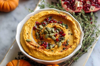 Creamy pumpkin hummus topped with olive oil, pomegranate seeds, and pepitas on a rustic fall-themed serving table