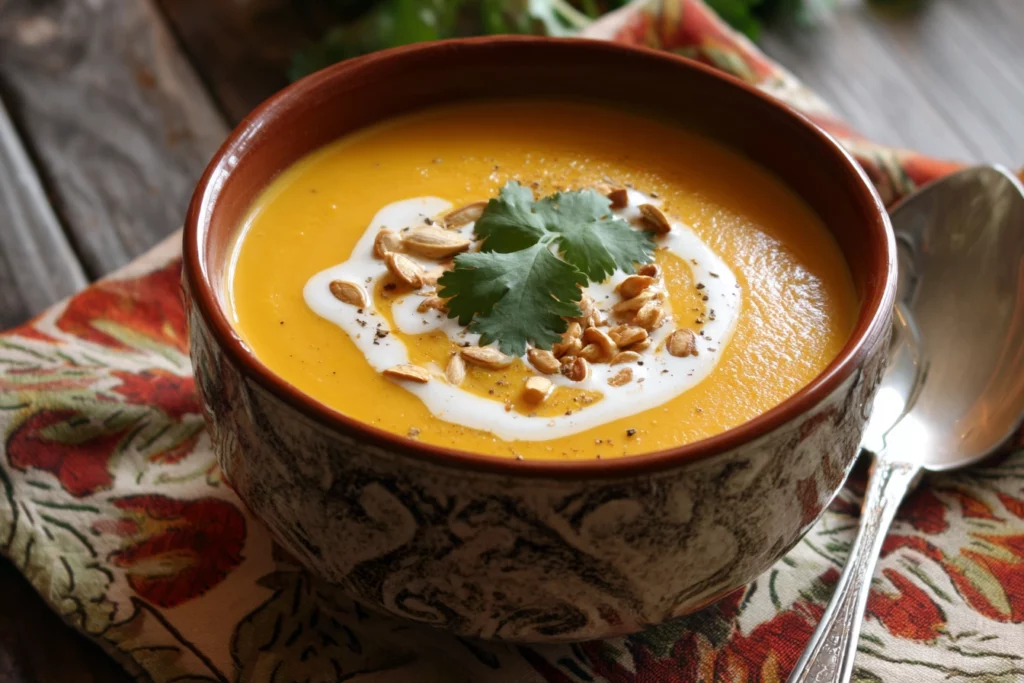 Thai Ginger Pumpkin Coconut Soup garnished with cilantro and chopped peanuts, perfect for a cozy fall meal.