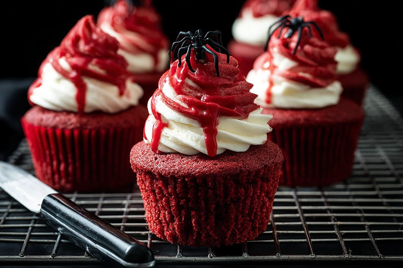 Halloween red velvet cupcakes with cream cheese frosting, red icing drizzle, and edible knife decorations