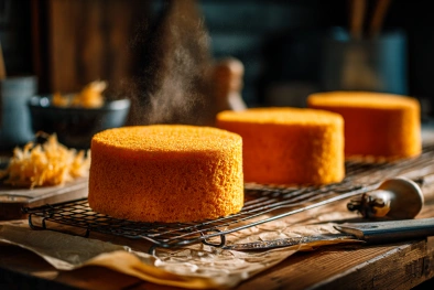 Freshly baked orange velvet cake layers cooling on racks before frosting