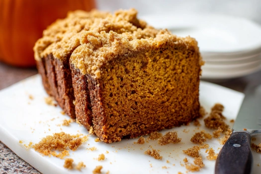 Easy streusel pumpkin bread sliced on wooden board with coffee and cinnamon sticks