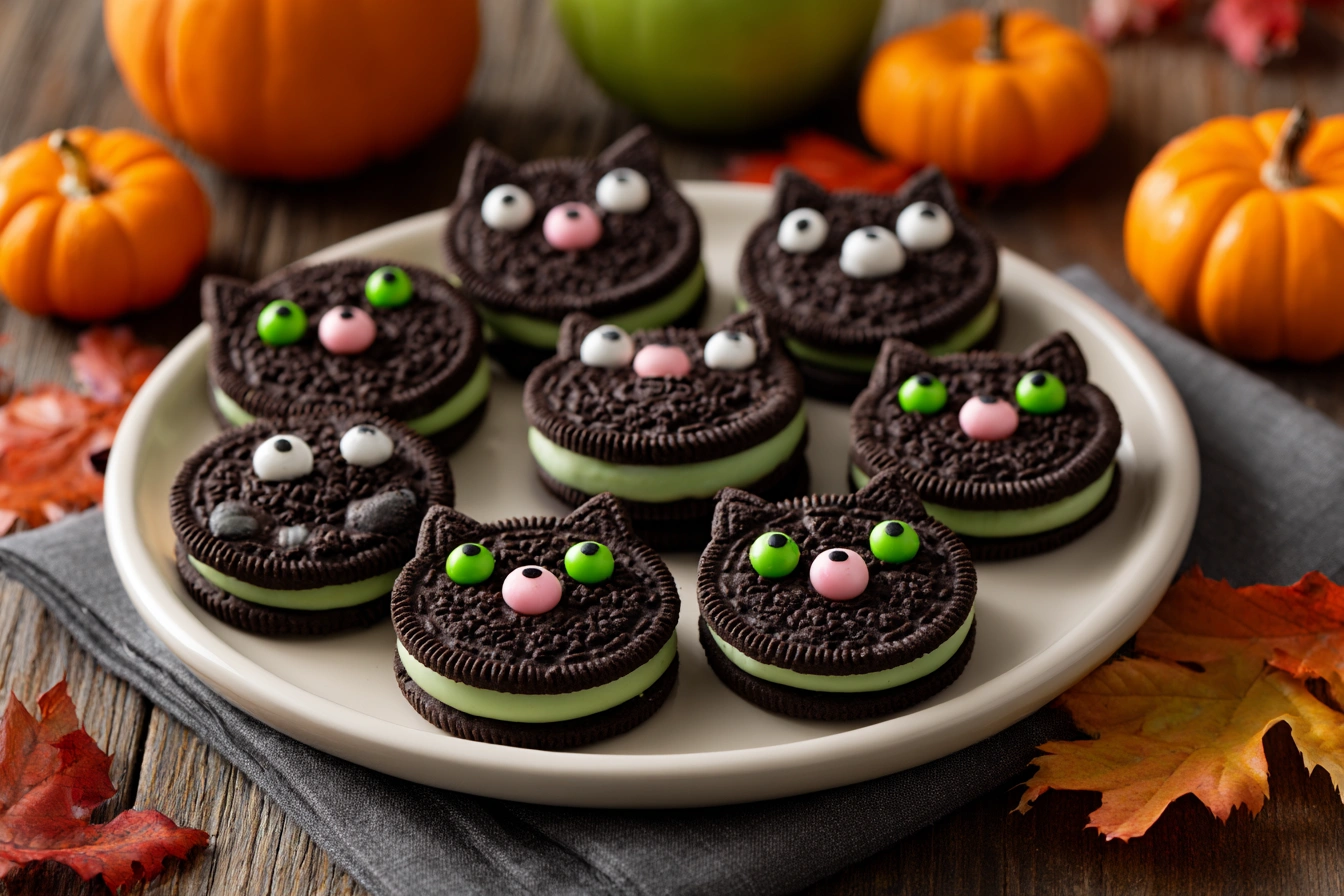 Hocus Pocus Oreo Black Cat Cookies with green eyes and pink noses on a festive Halloween platter