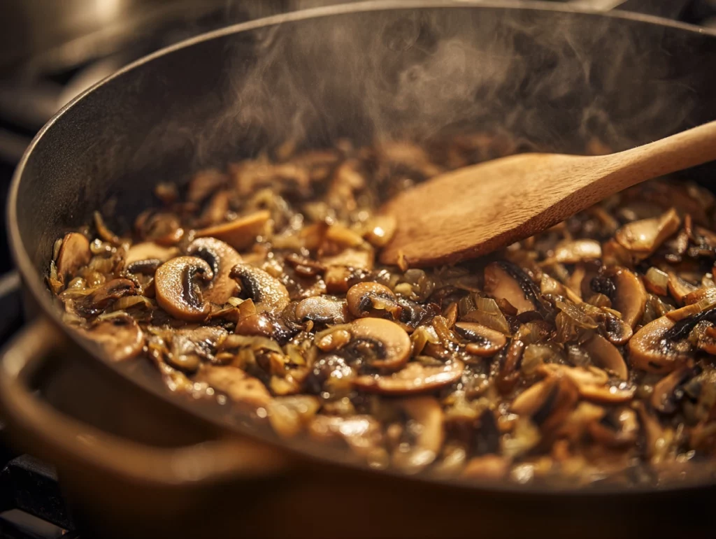 Mushrooms and onions cooking in a Dutch oven for the beef stroganoff soup base.