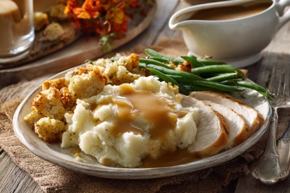 Thanksgiving plate with mashed potatoes and gluten free brown gravy, turkey, and green beans