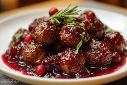 Bowl of cranberry sauce meatballs garnished with parsley, served as a holiday appetizer.