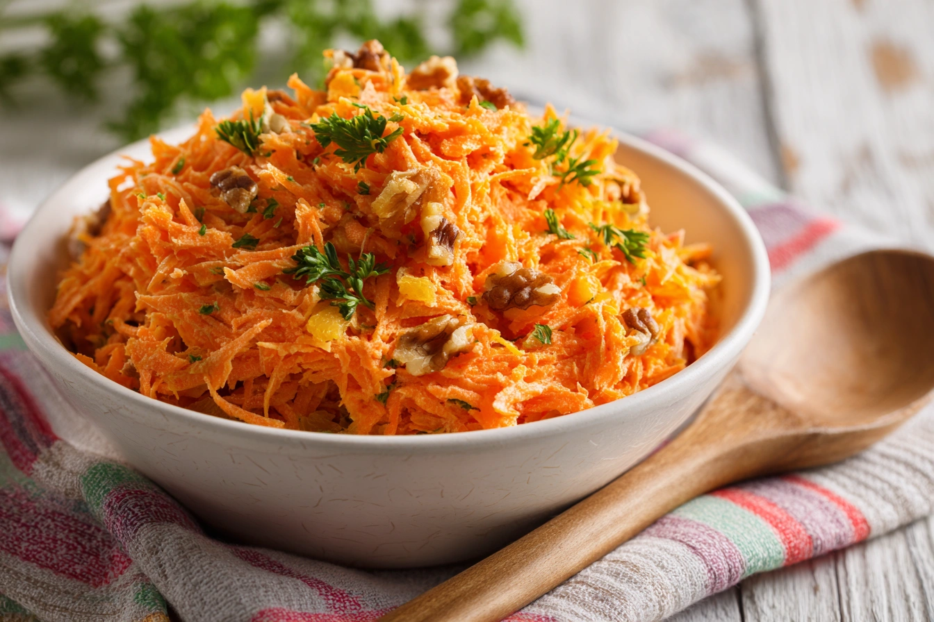Overhead shot of creamy carrot salad with raisins, pineapple, and pecans served in a white bowl