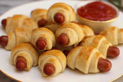 Freshly baked pigs in a blanket with crescent rolls on a serving tray with dips and parsley garnish