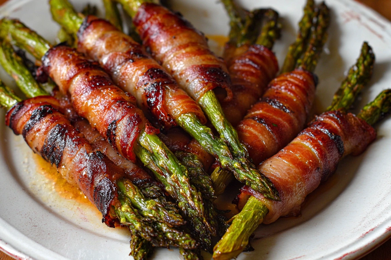 Bacon wrapped asparagus bundles on a wooden board, golden and glazed, garnished with parsley.