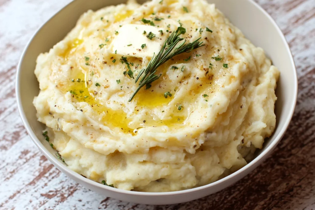 Close-up of creamy mashed potatoes served in a Crockpot, topped with butter and cracked pepper.