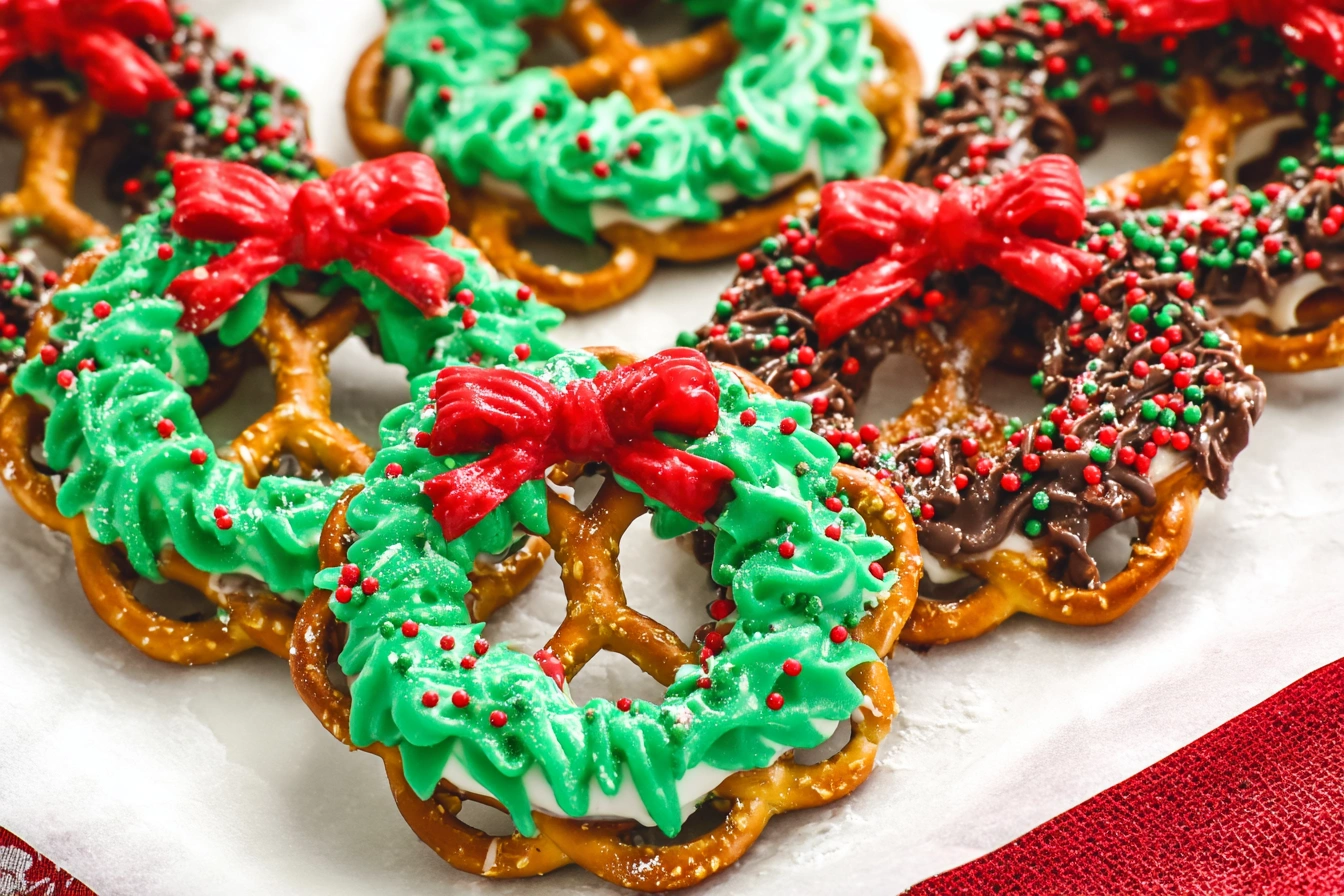Overhead view of festive chocolate pretzel wreaths topped with colorful holiday sprinkles on parchment paper