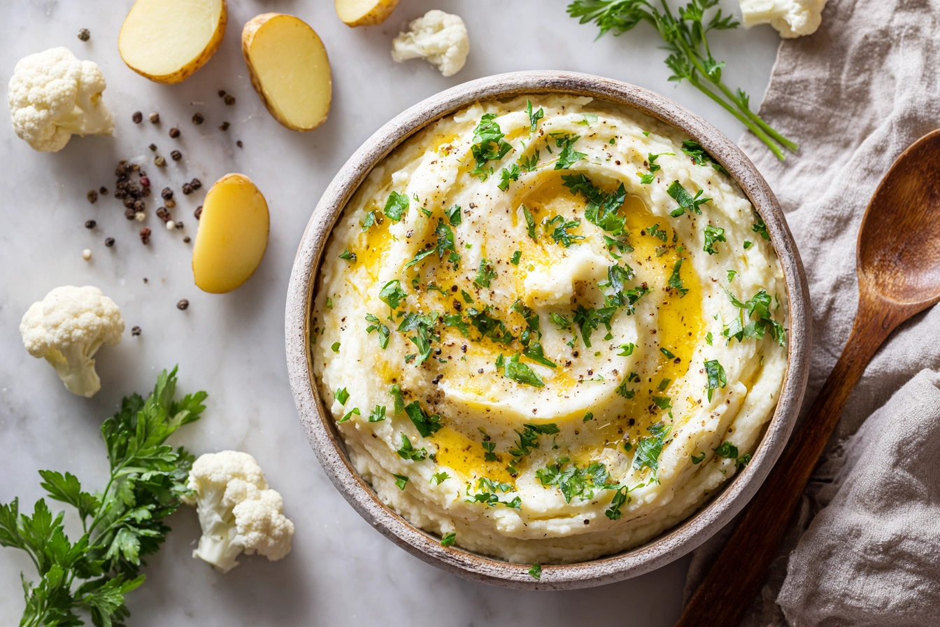 Creamy mashed cauliflower and potatoes in a bowl, topped with butter and parsley on a marble kitchen counter