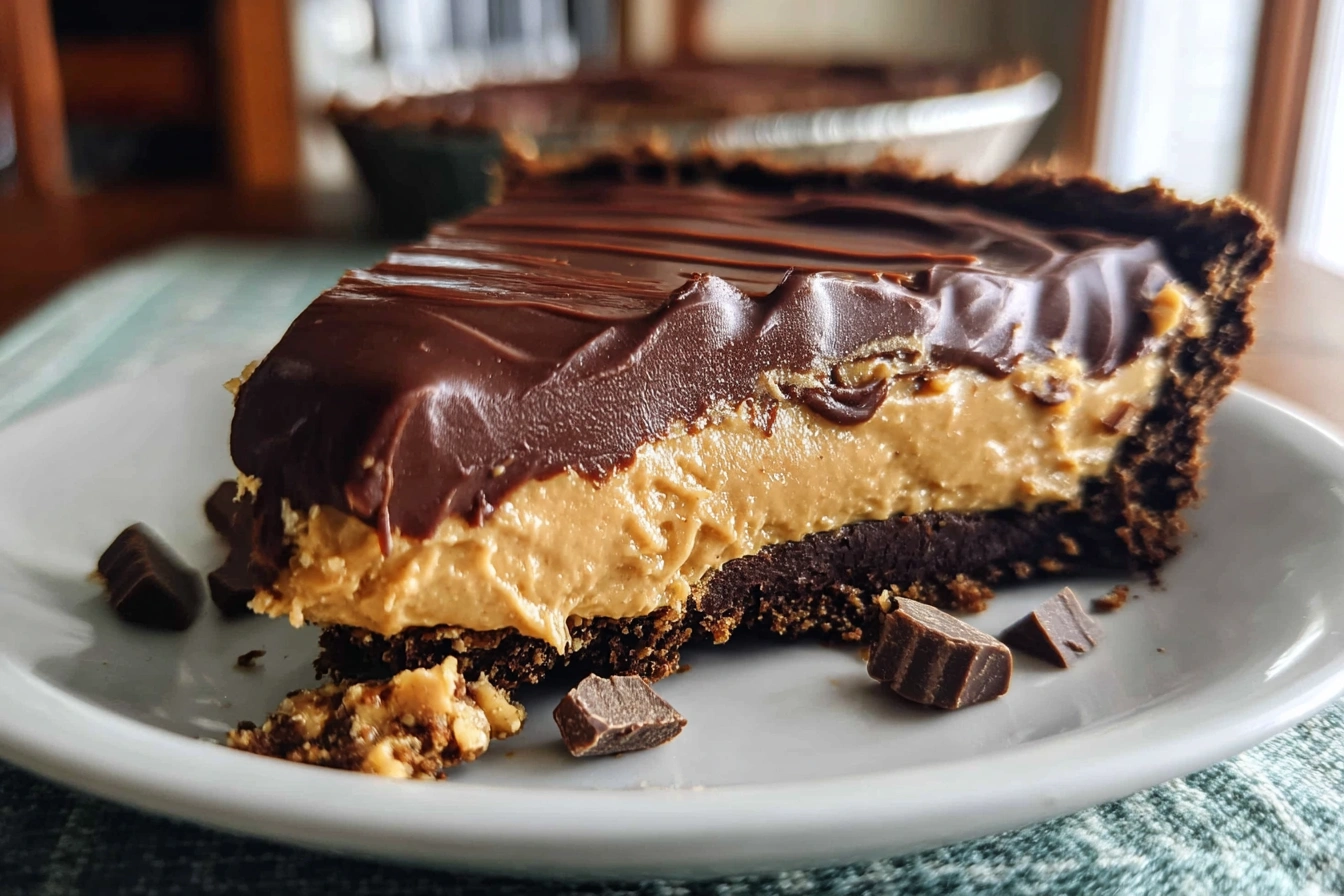 No-bake chocolate peanut butter pie topped with ganache and peanut crumbs on a marble countertop