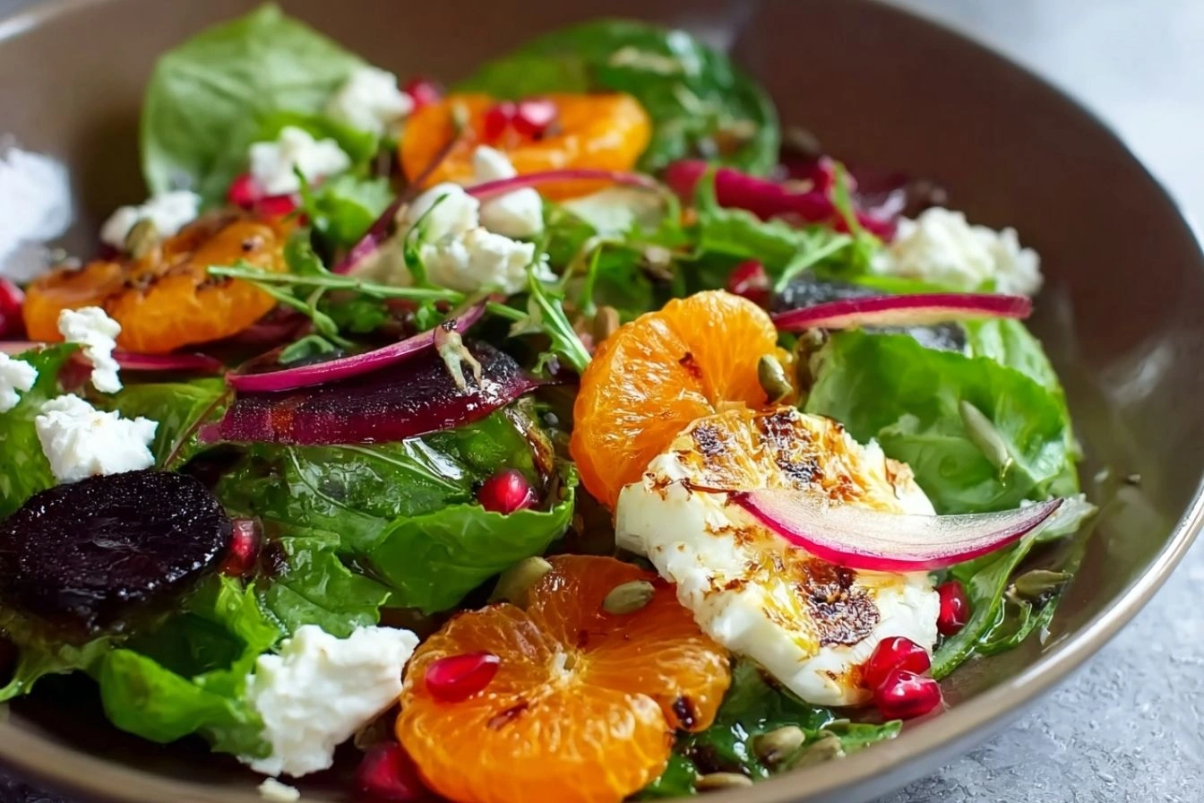 Overhead view of winter salad with citrus, feta, pomegranate, and candied p