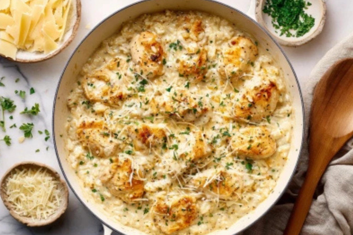 Overhead shot of creamy Parmesan chicken and rice cooked in one pan with parsley garnish.