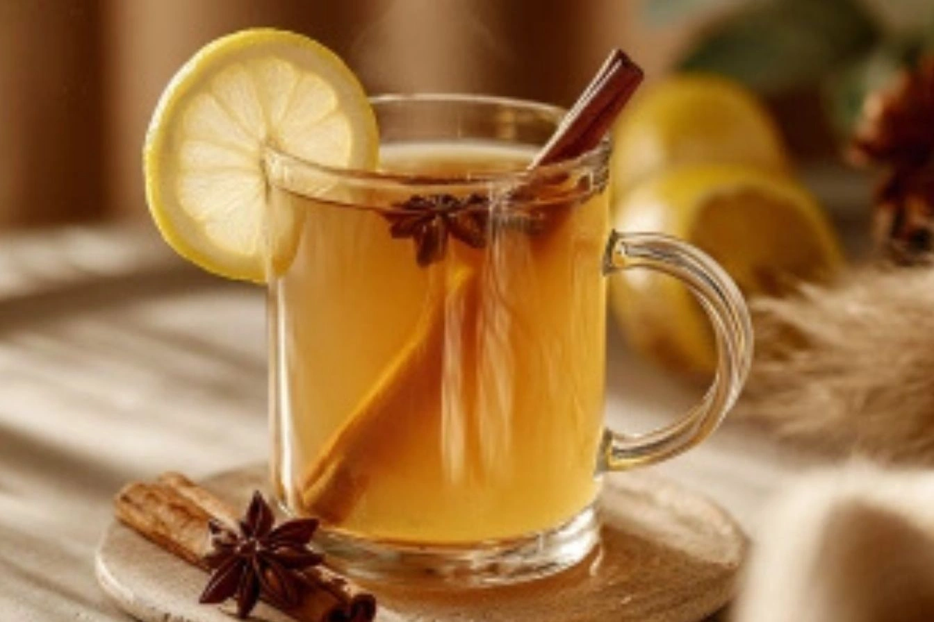 A steaming mug of Perfect Hot Toddy, garnished with a cinnamon stick and lemon wedge, surrounded by cozy winter décor.