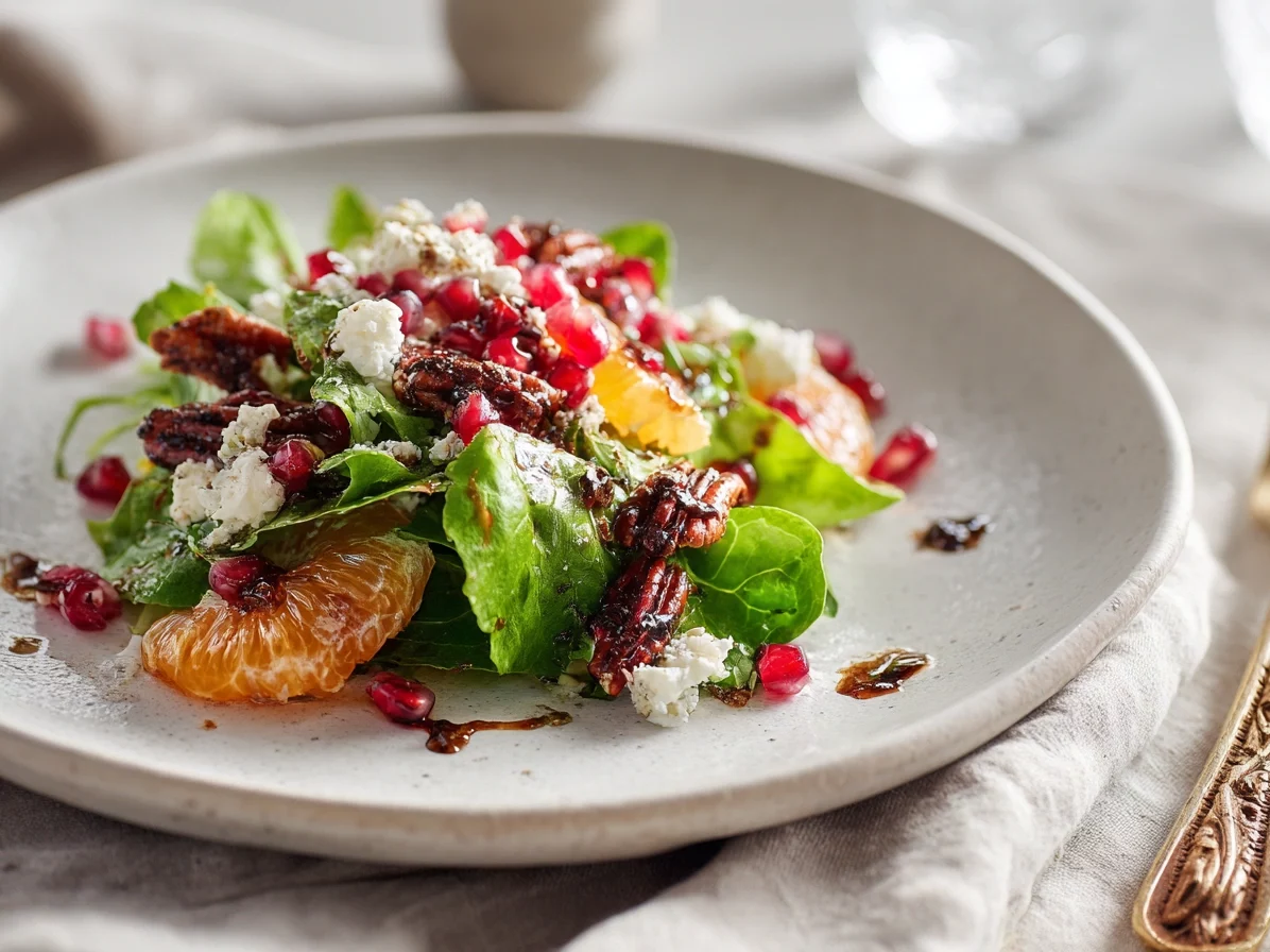 Colorful winter salad with citrus, feta, and pomegranate on a white platter.