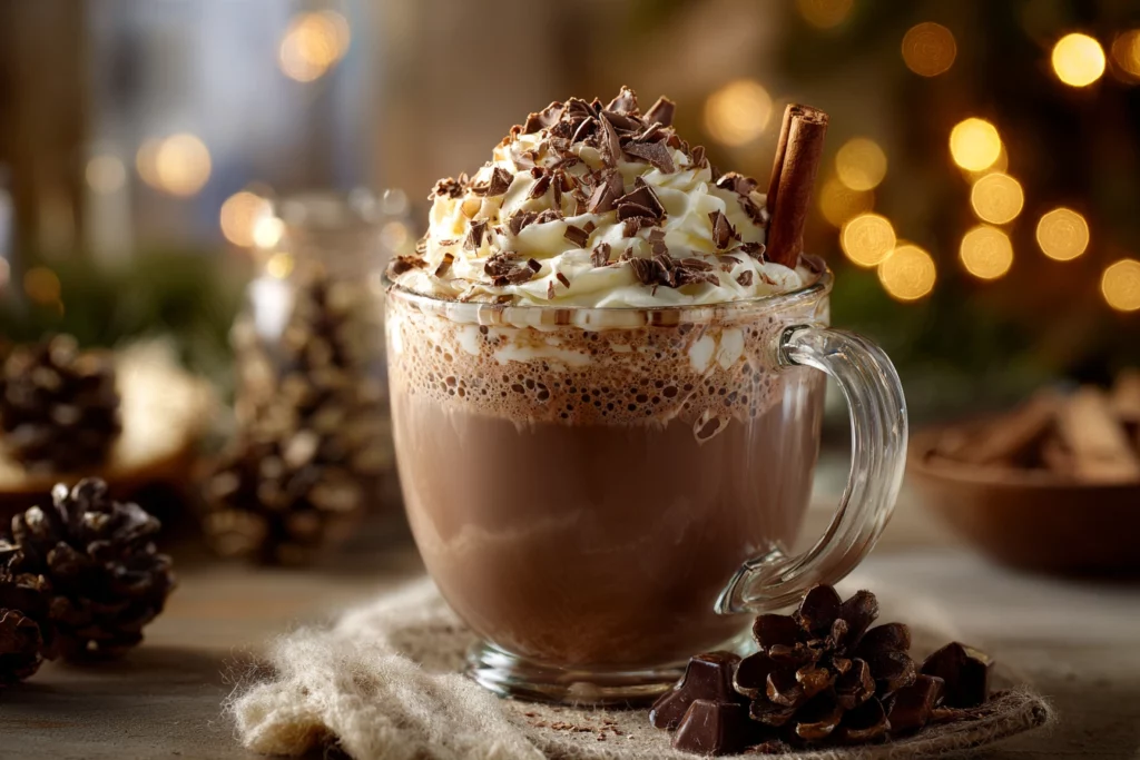 A cozy mug of Crockpot Hot Chocolate, topped with whipped cream, chocolate shavings, and marshmallows, set against a winter-themed background.