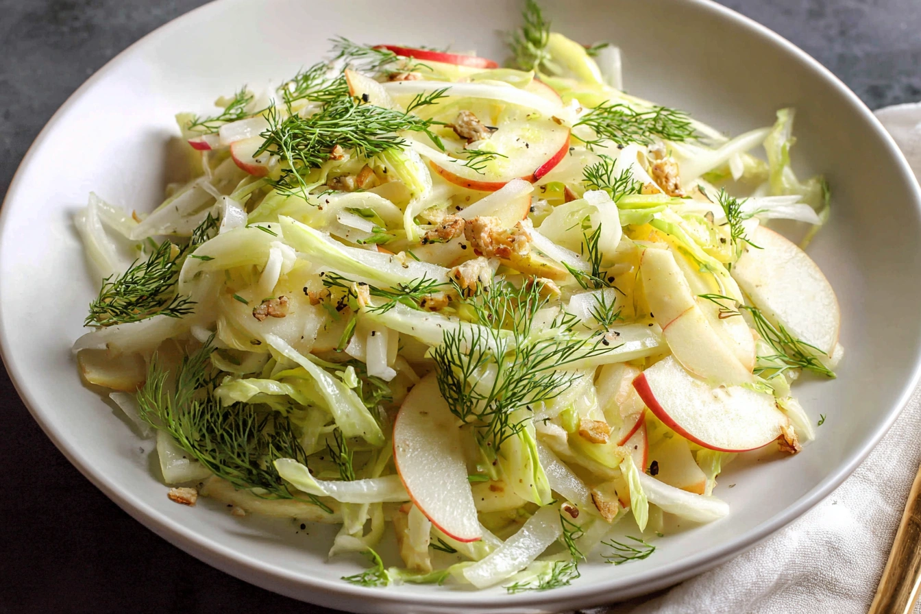 Overhead view of fennel apple salad with arugula, walnuts, and lemon vinaigrette on a white plate
