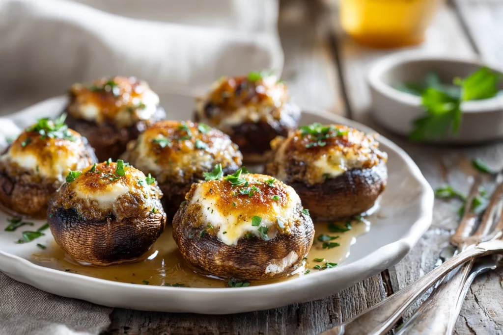 Golden baked cheesy stuffed mushrooms garnished with fresh parsley.