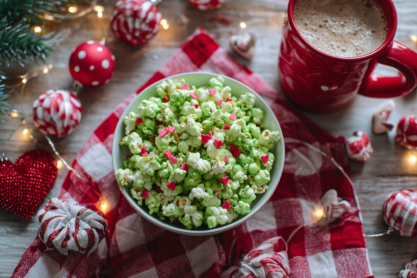 Festive green Grinch popcorn with red heart sprinkles served in a holiday-themed bowl on a Christmas-decorated kitchen counter.