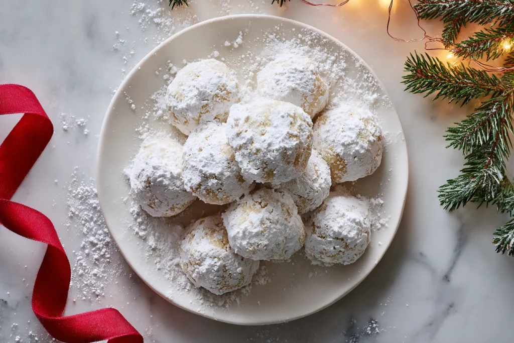 Plate of powdered sugar-coated Snowball Cookies arranged on a white platter with festive holiday decorations.