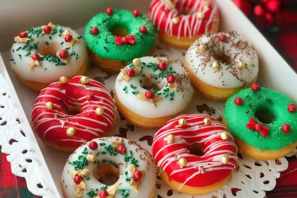 Decorated Christmas mini donuts with festive sprinkles and candy toppings on a holiday-themed platter.