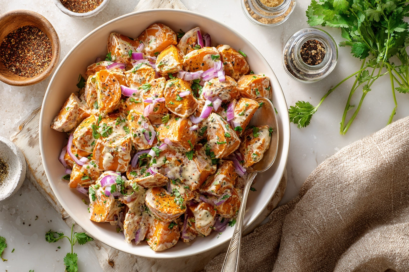 Overhead view of roasted sweet potato salad with creamy dressing, cilantro, and red onion