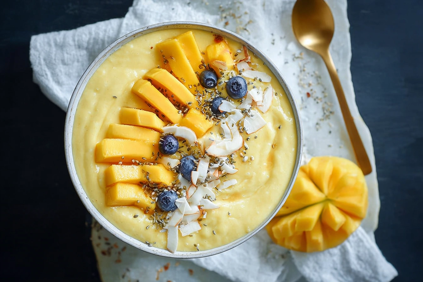 Thick mango smoothie bowl without banana topped with coconut, pomegranate, and granola on a marble kitchen counter.