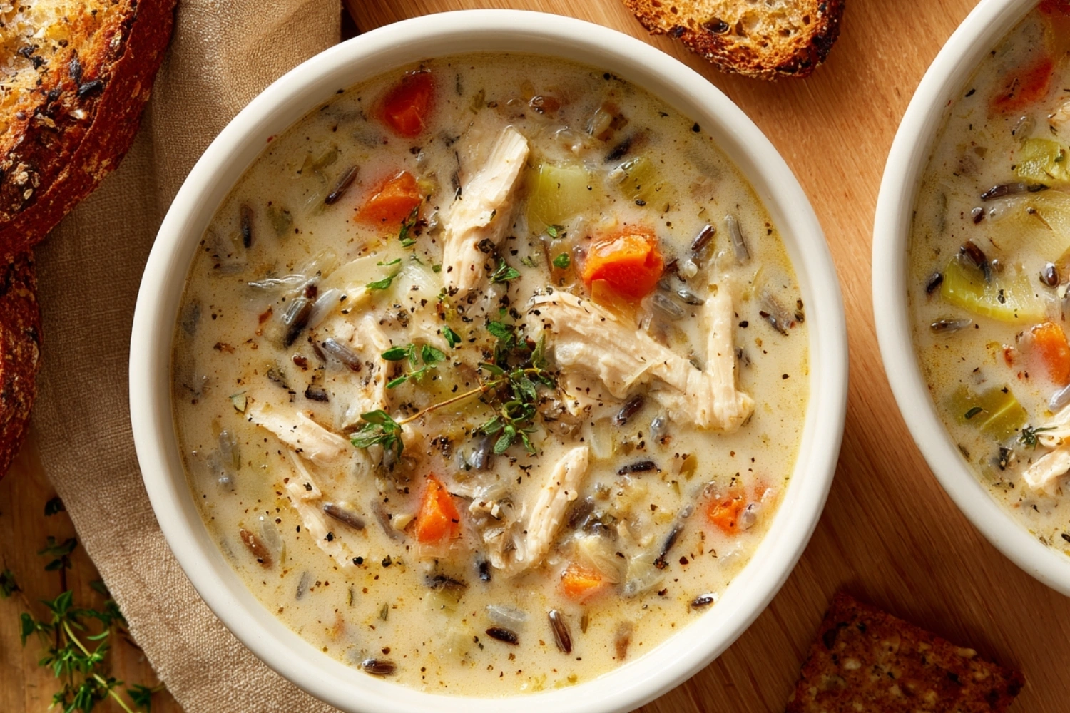 Finished Chicken and Wild Rice Soup – Comfort in a Bow (2) Bowl of creamy Chicken and Wild Rice Soup with chicken, wild rice, carrots, celery, and garnished with fresh herbs, served with crusty bread