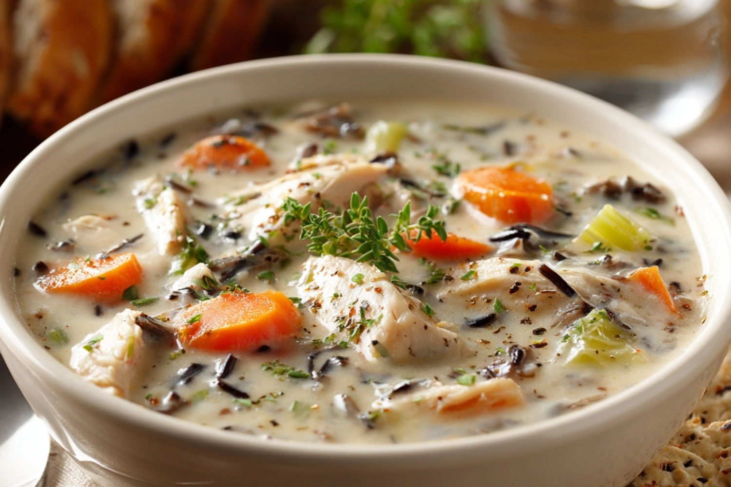 Finished Chicken and Wild Rice Soup – Comfort in a Bow Bowl of creamy Chicken and Wild Rice Soup with chicken, wild rice, carrots, celery, and garnished with fresh herbs, served with crusty bread