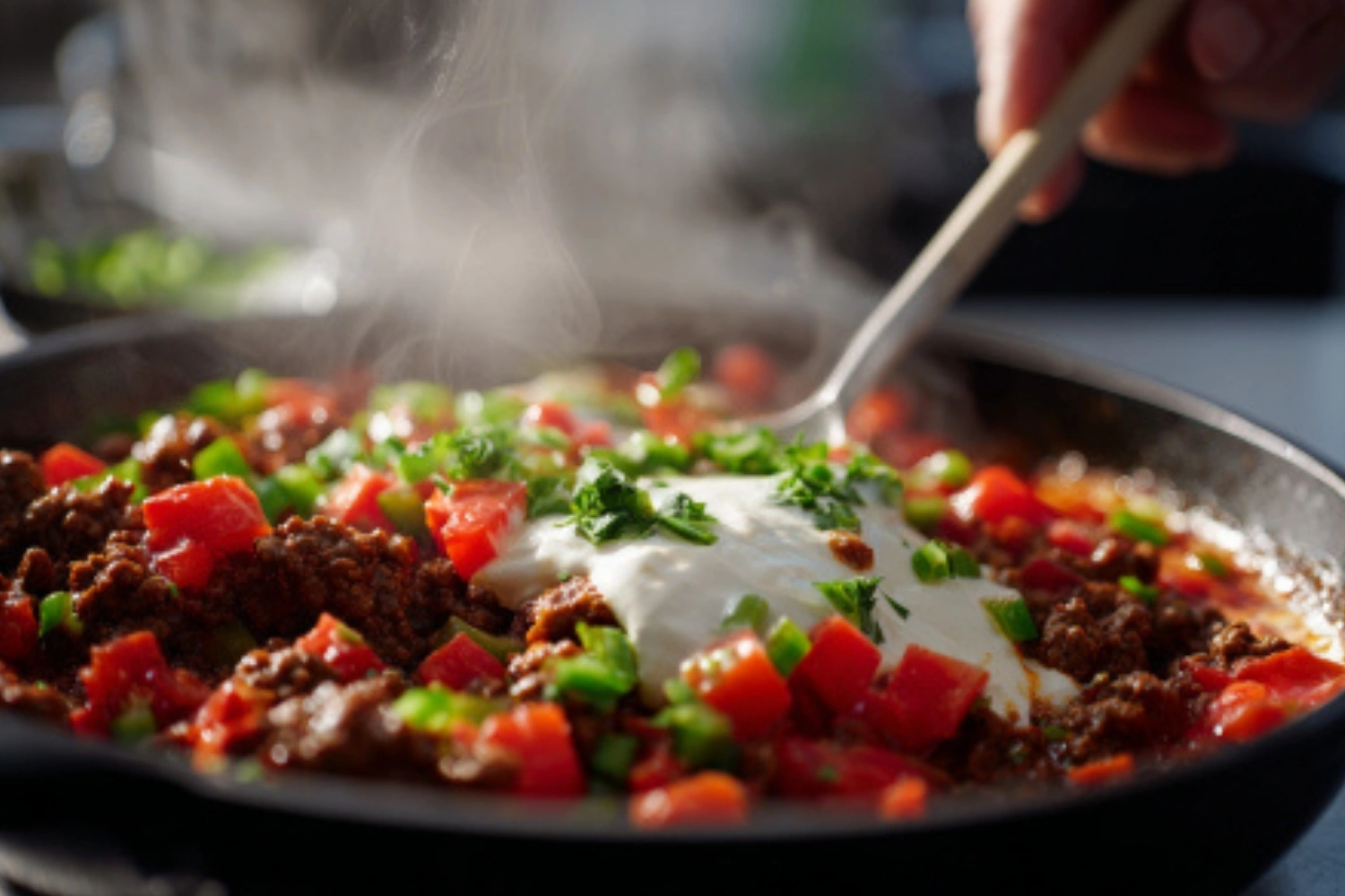 Melting Cream Cheese for Quick Queso Dip Combining chili con carne and tomatoes with melted cream cheese for a rich, flavorful dip.