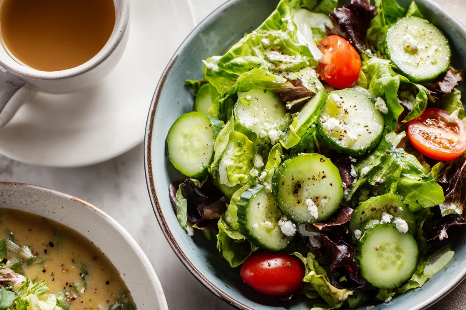 fresh Salad to Pair with Chicken and Wild Rice Soup A simple, vibrant green salad with mixed greens, cherry tomatoes, cucumbers, and vinaigrette served with Chicken and Wild Rice Soup