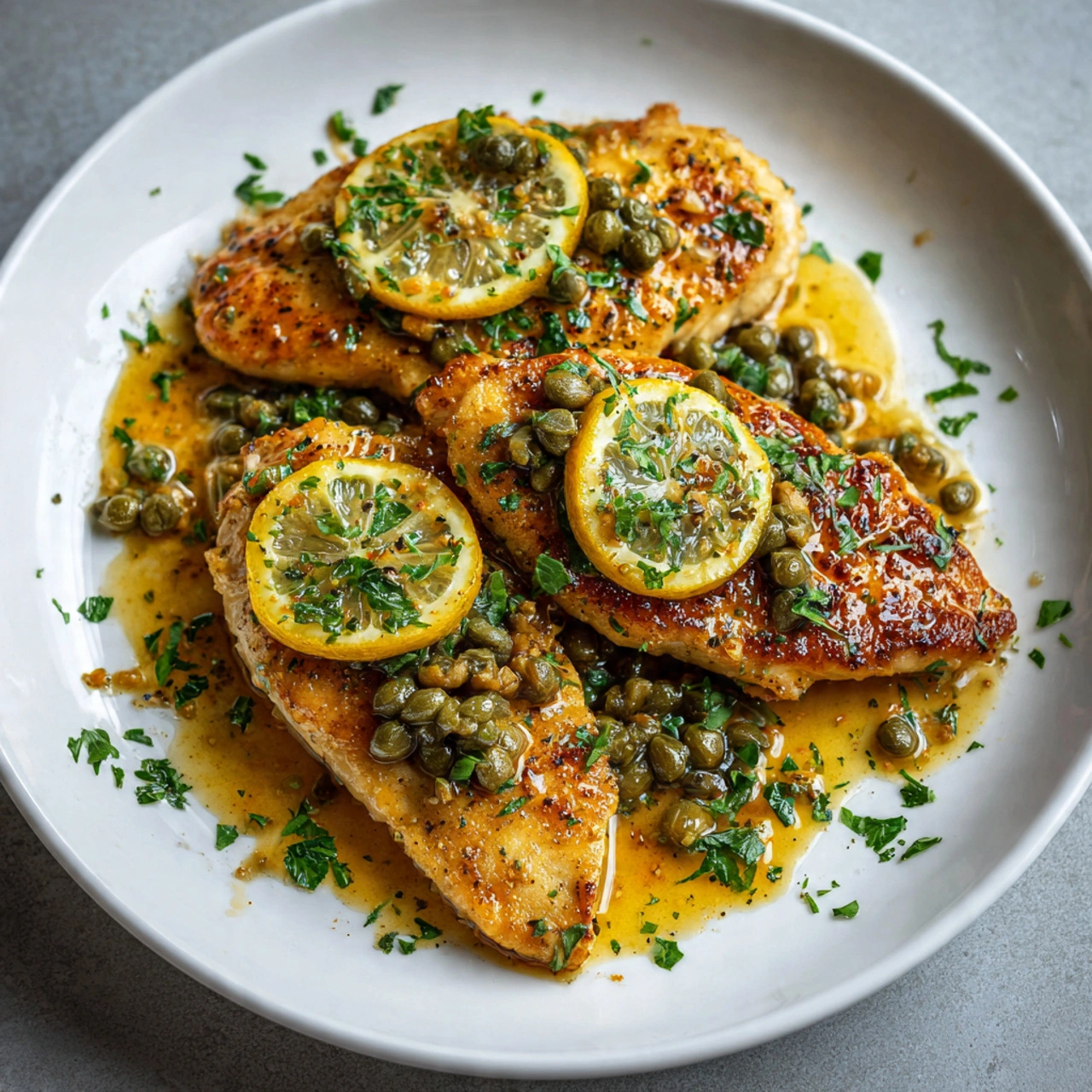 Close-up of a delicious Chicken Piccata with lemon-caper sauce, garnished with parsley and parmesan, served with pasta.