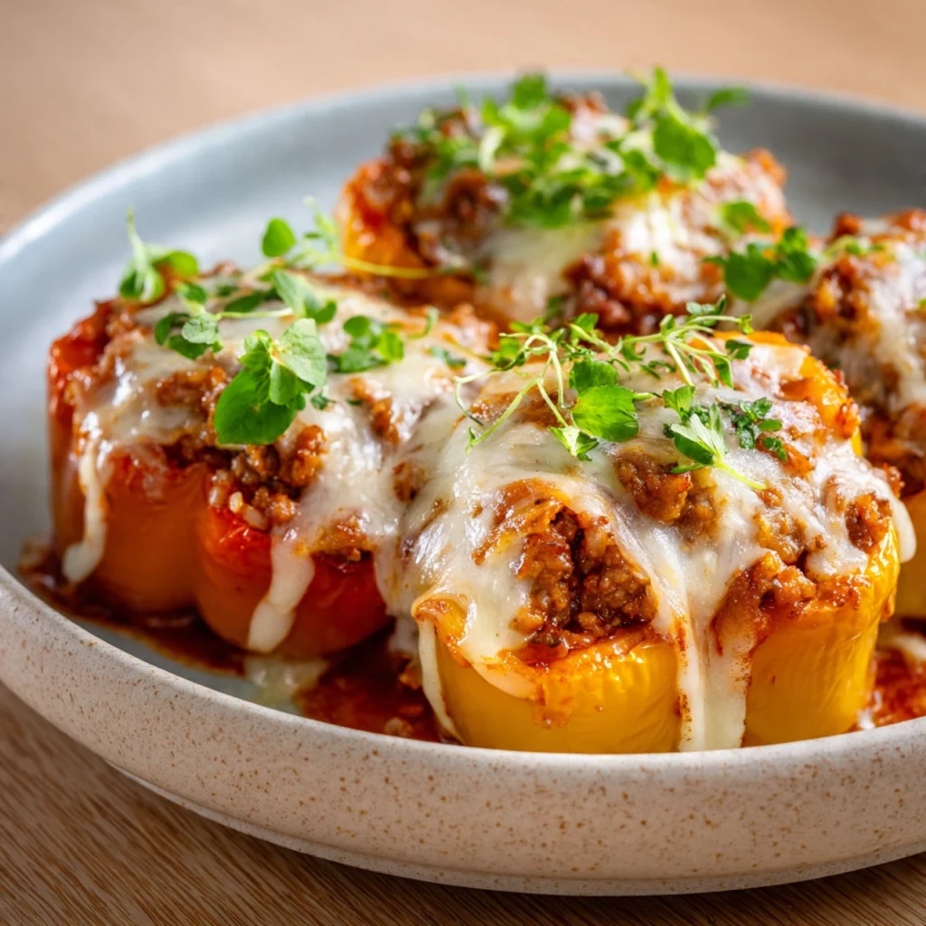 Golden and tender Old Fashioned Stuffed Bell Peppers filled with ground beef, rice, and tomato sauce, topped with melted cheese and parsley.