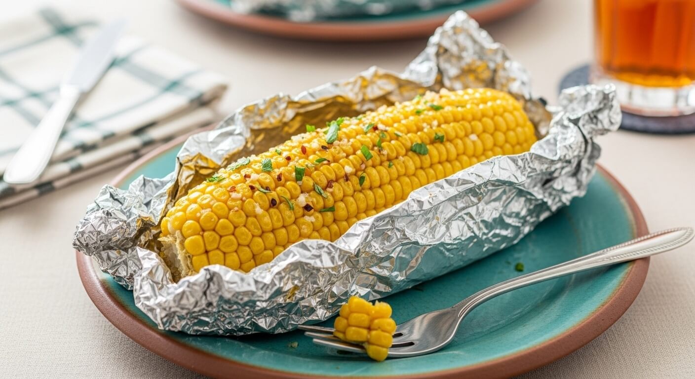easy-oven-roasted-corn-foil-packet-served.jpg A single serving of easy oven roasted corn on a blue ceramic plate with a fork.