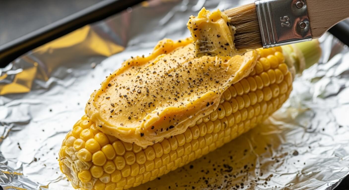 garlic-butter-corn-cob-seasoning-step.jpg Spreading homemade garlic butter onto an ear of corn before baking corn in oven.
