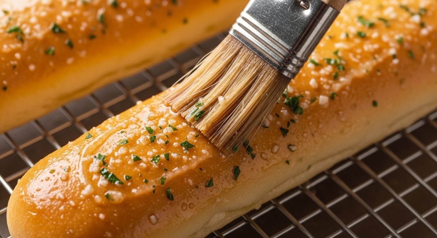 garlic-salt-breadsticks-topping-finish.jpg Brushing melted butter and garlic salt onto a freshly baked breadstick.