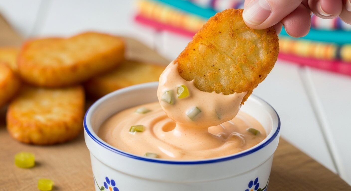 A crispy hash brown being dipped into a small ramekin of creamy homemade Big Mac sauce.