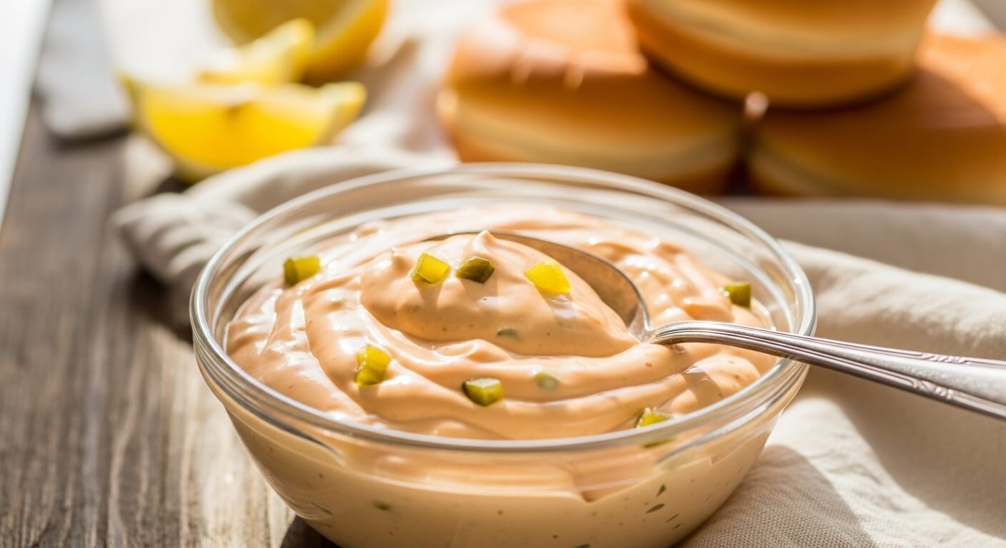 A small glass bowl filled with creamy orange McDonald's Big Mac sauce next to a toasted burger bun.