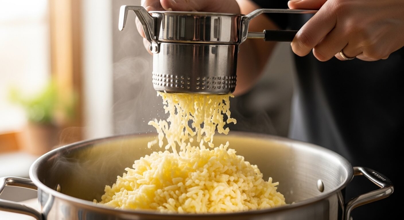 one-pot-garlic-mashed-potatoes-texture.webp A hand using a potato ricer to process fluffy Yukon Gold potatoes into a large pot.