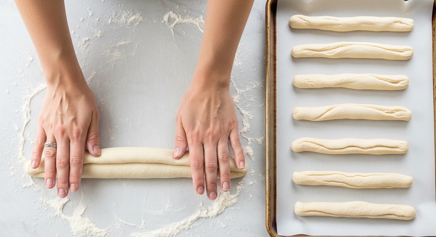 shaping-olive-garden-breadstick-dough-ropes.jpg Rolling out soft yeast dough into long ropes for Olive Garden Breadsticks Copycat.