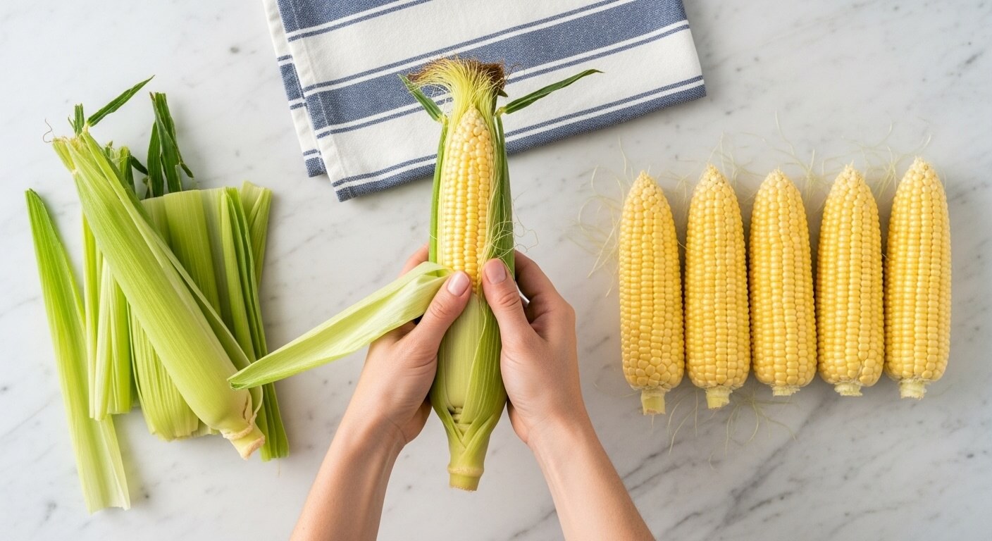 shucking-fresh-corn-on-the-cob-prep.jpg Hands shucking fresh corn on the cob to prepare for making corn in foil packets