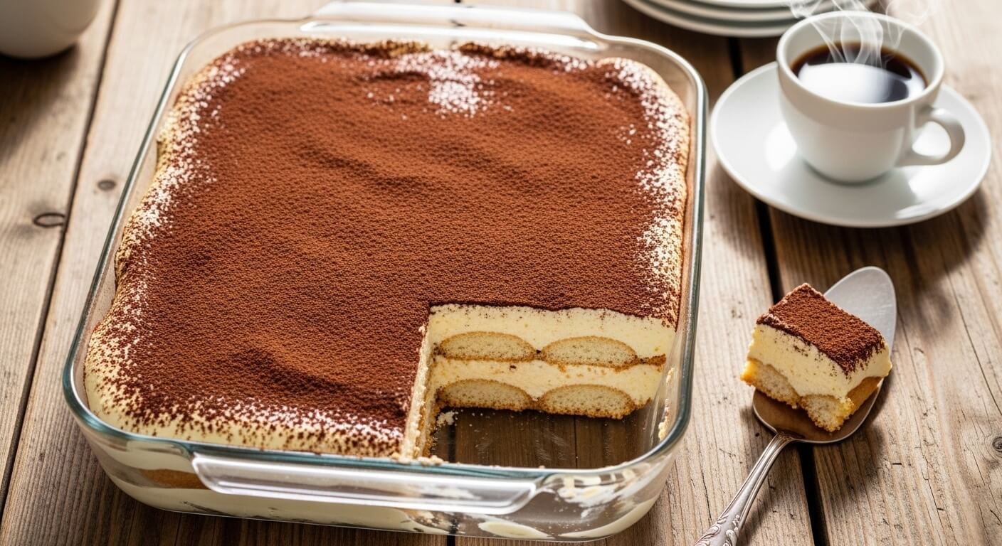 Authentic Tiramisu with layers of Savoiardi ladyfingers and mascarpone cream dusted with cocoa.