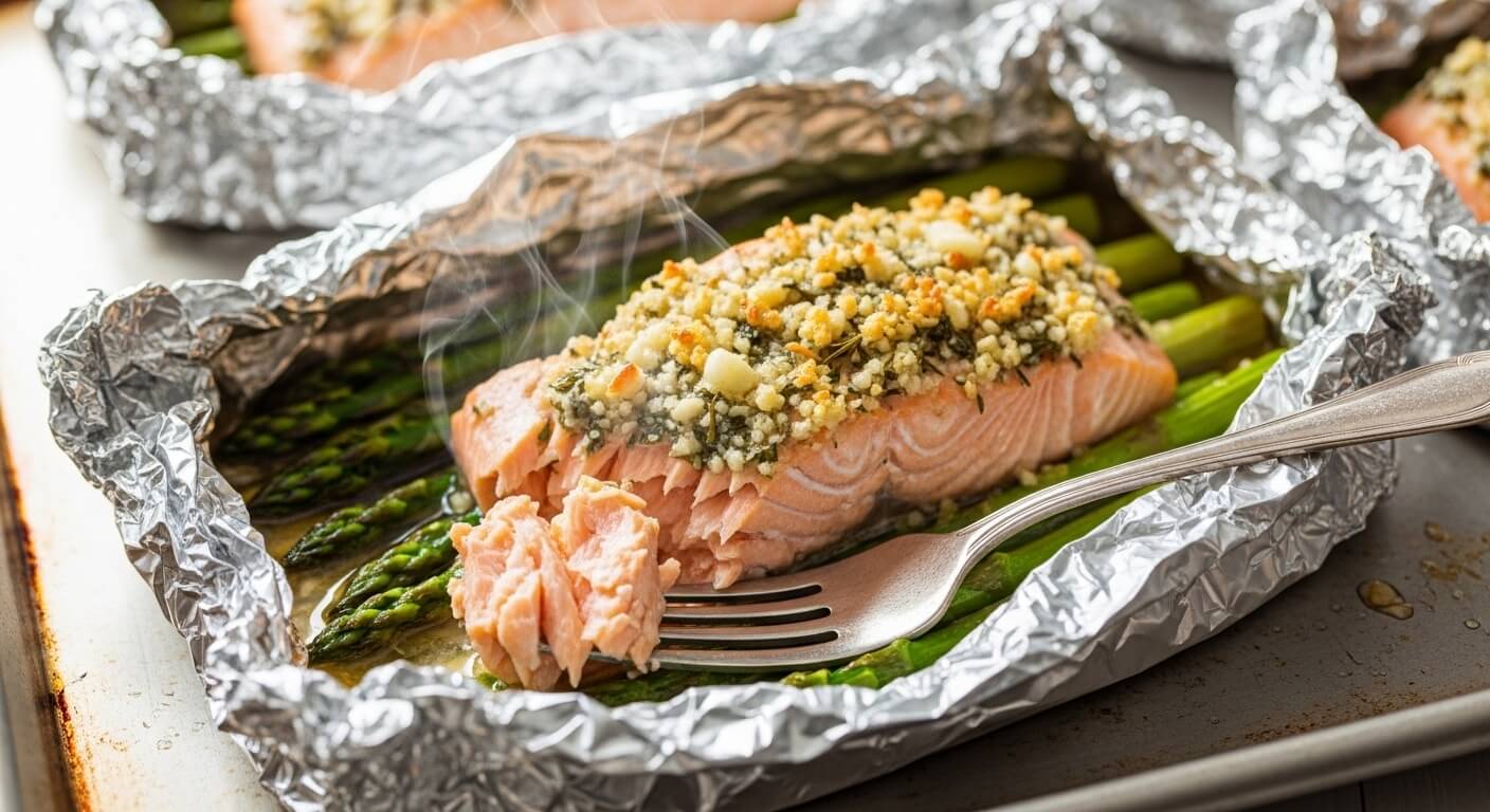baked-salmon-in-foil-with-asparagus-final.jpg Flaky and opaque baked salmon in foil with asparagus showing the juicy, tender texture after 15 minutes of baking