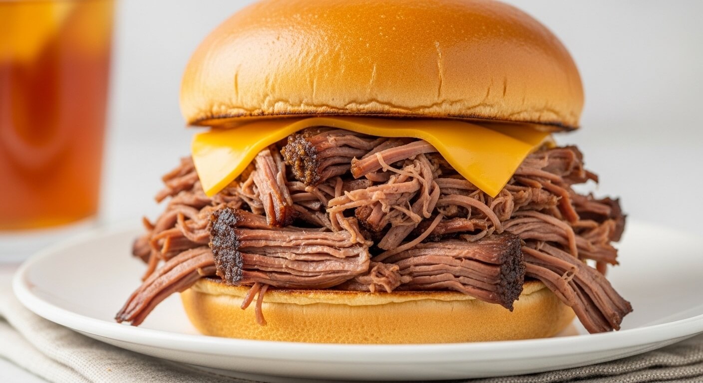 best-shredded-beef-chuck-roast-sandwich.jpg The finished shredded beef chuck roast sandwich with BBQ toppings and melted cheese.