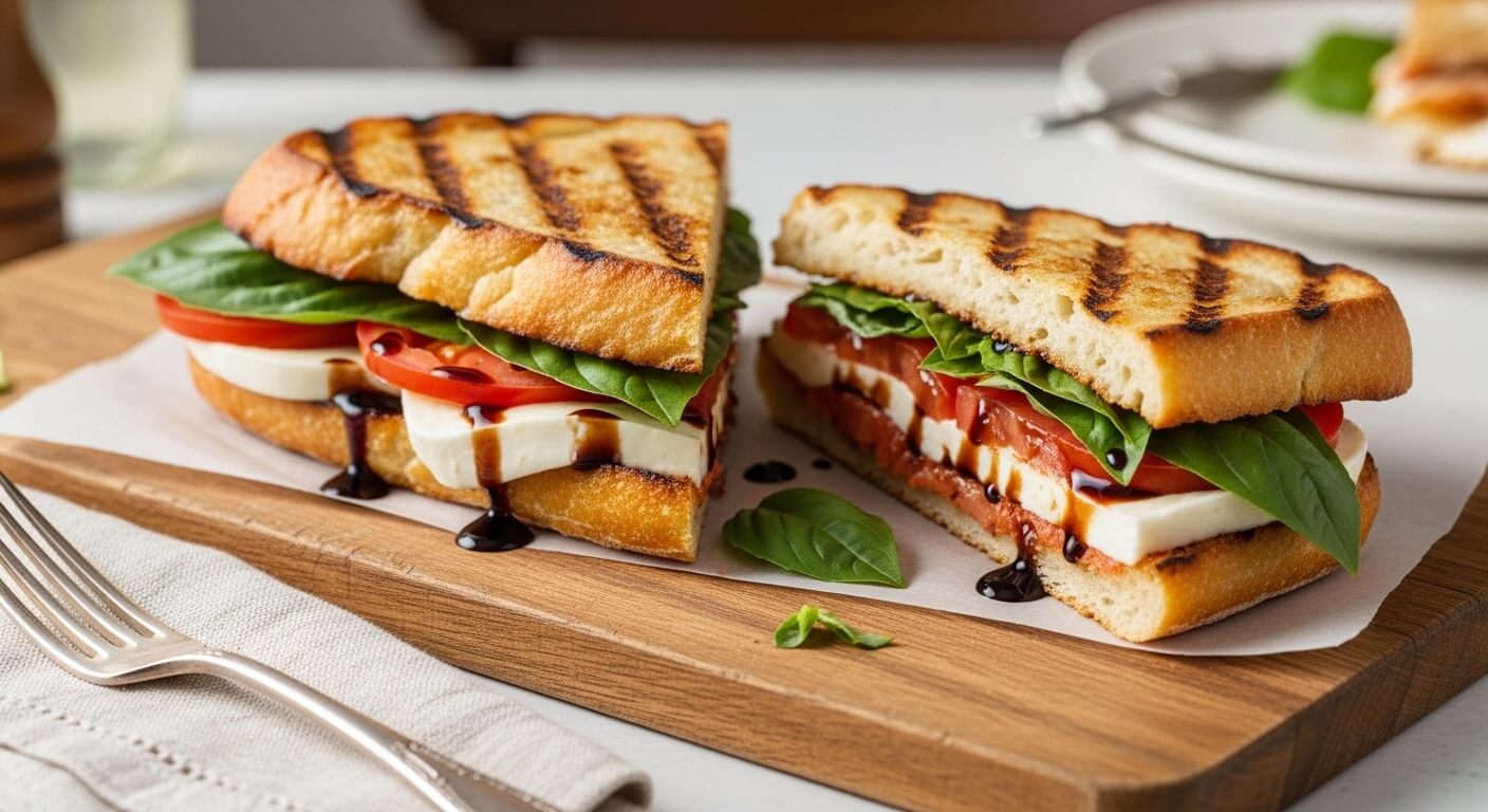 A toasted Caprese sandwich with melted mozzarella, heirloom tomatoes, and balsamic glaze on a wooden board.