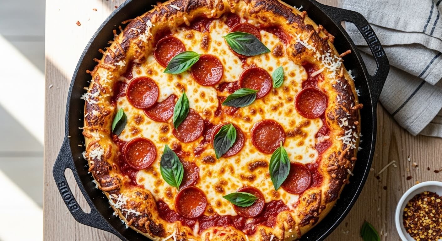 A crispy and cheesy Cast Iron Pizza in a skillet with curled pepperoni and fresh basil.